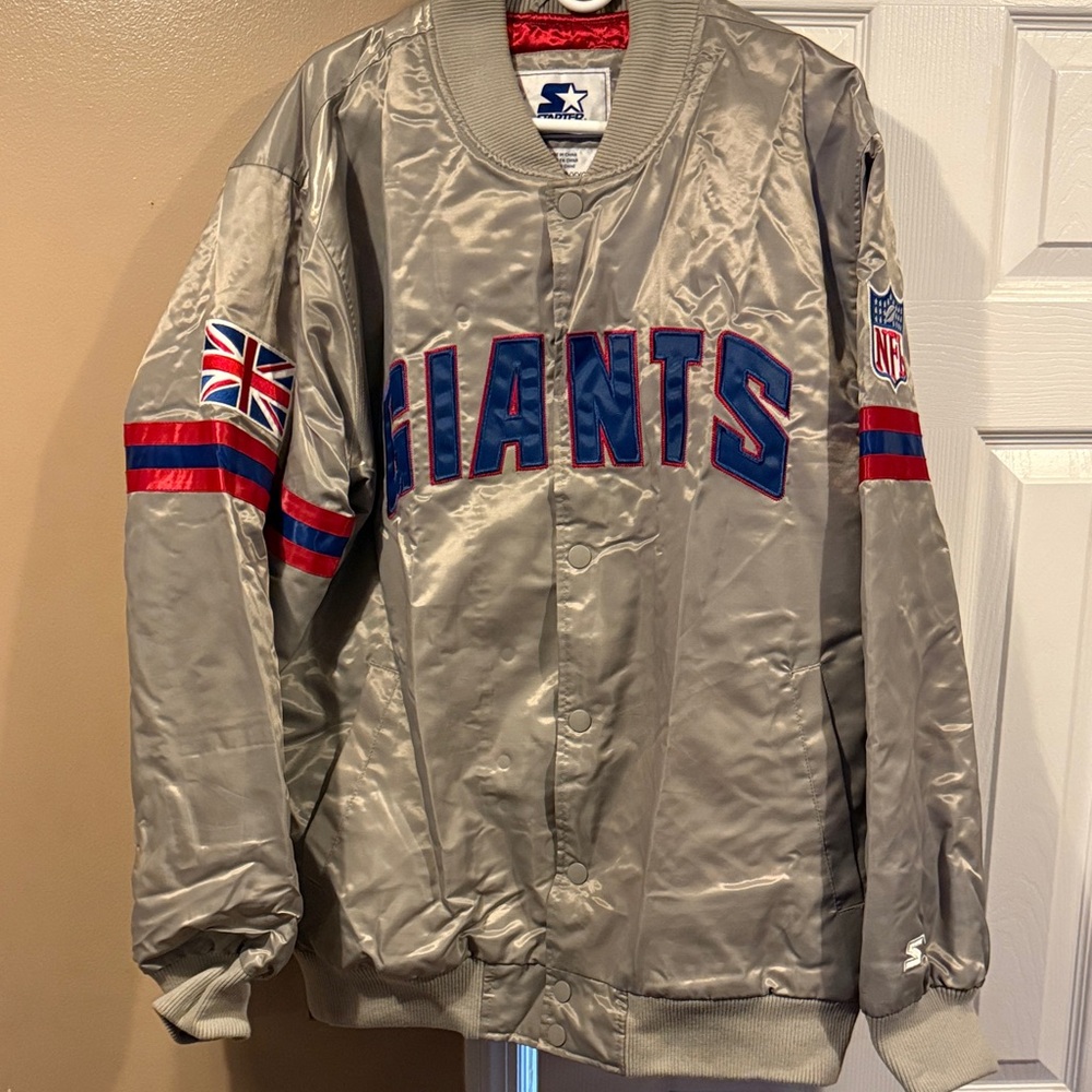 STARTER Silver New York Giants Satin Bomber Jacket with Blue & Red Trim